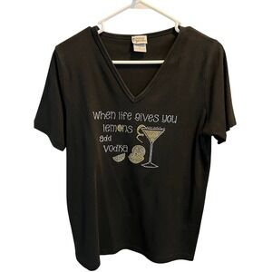 Exquisite Designs Black Martini Vodka Lemon Rhinestone‎ Graphic T-Shirt L